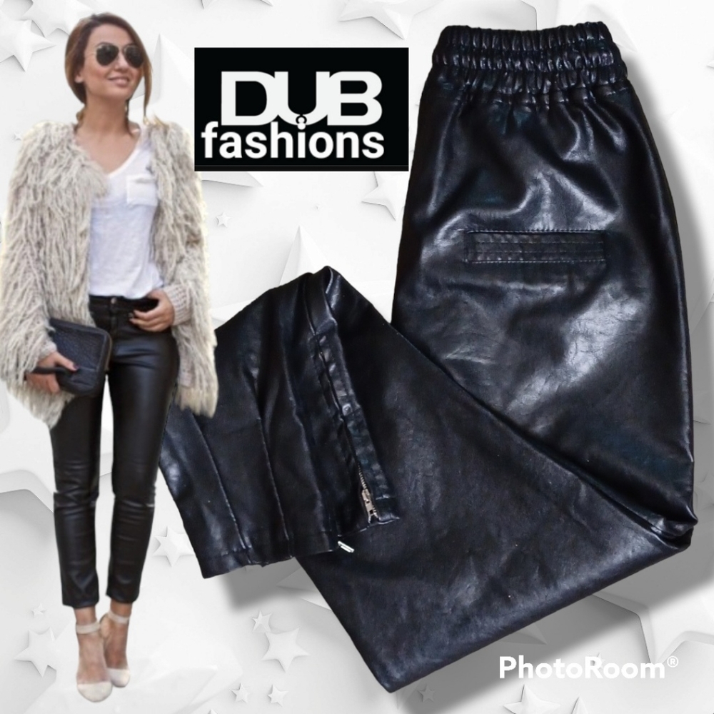 DuB NEW Sexy Black Vegan Leather Pants Tapered w/Zipper Ankle Cargo pocket Sz Lg